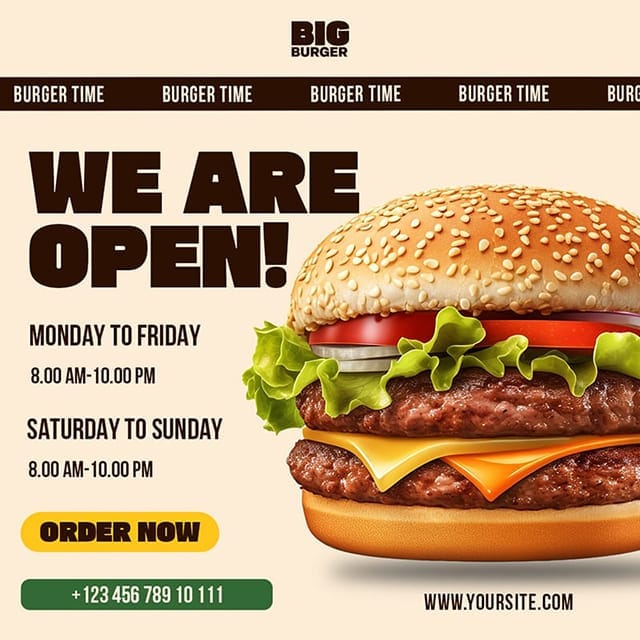 Photoshop We Are Open! Big Burger Instagram Post