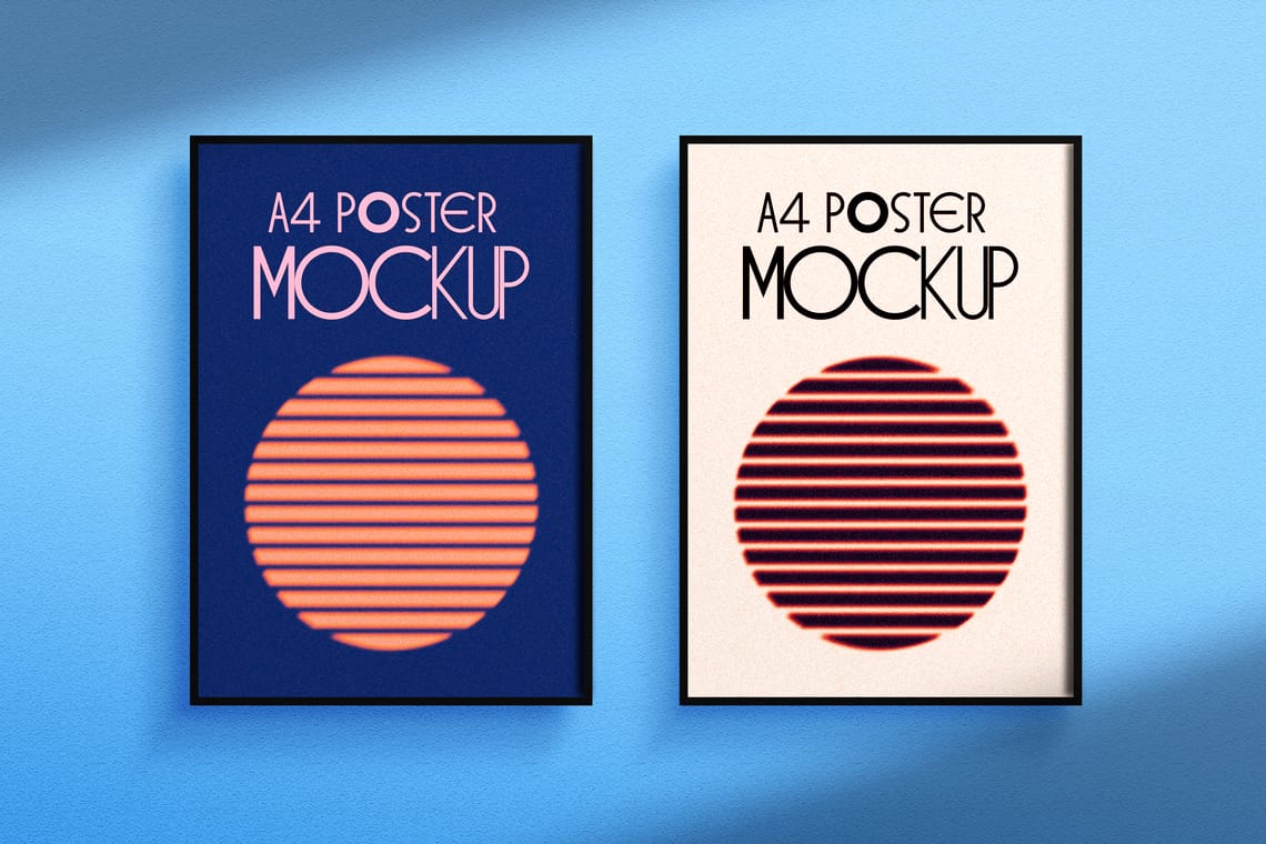 Photoshop Framed A4 Poster Mockup Hanging On Blue Background With Shades Of Shadow