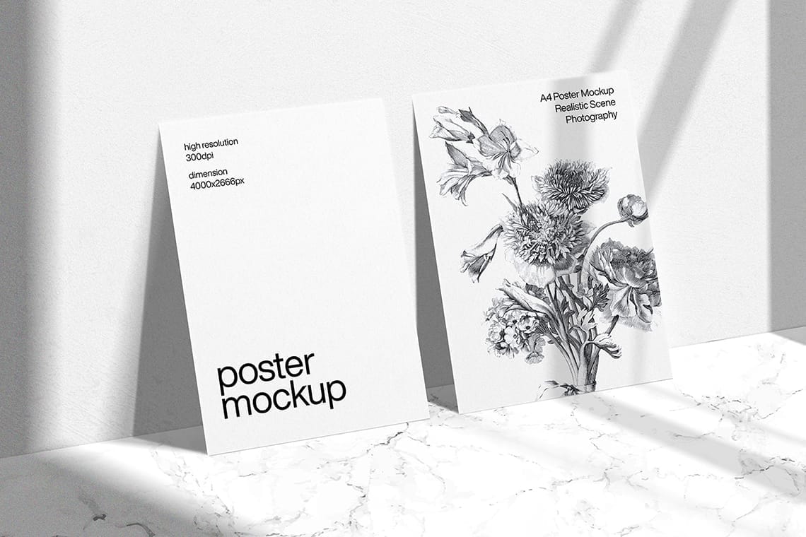 Realistic A4 Poster Mockup Scene with Shadow