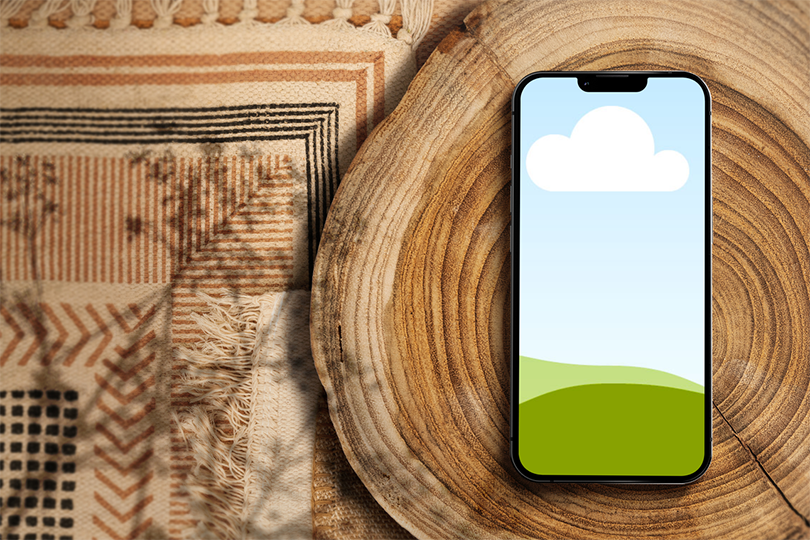 Canva Bohemian iPhone 13 Pro Mockup on Wooden Cut