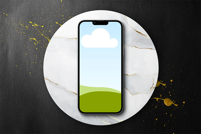 Canva Brand iPhone 13 Pro Mockup on Marble Podium Background