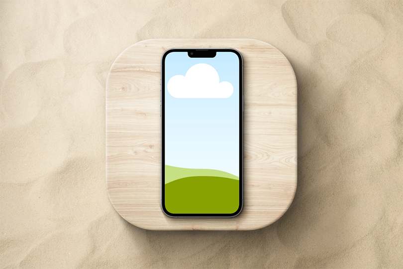 Canva iPhone 13 Pro Mockup on Curve Wooden Podium on Sand