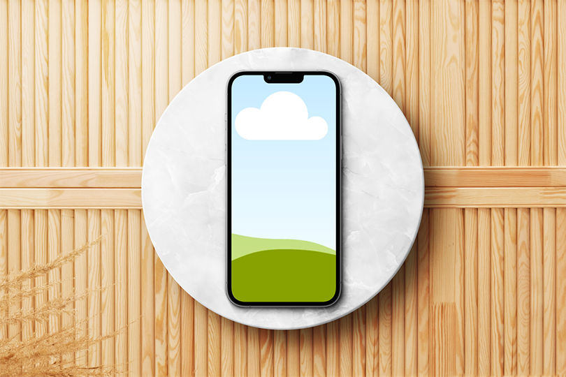 Canva iPhone 13 Pro Mockup on Podium Wooden Background