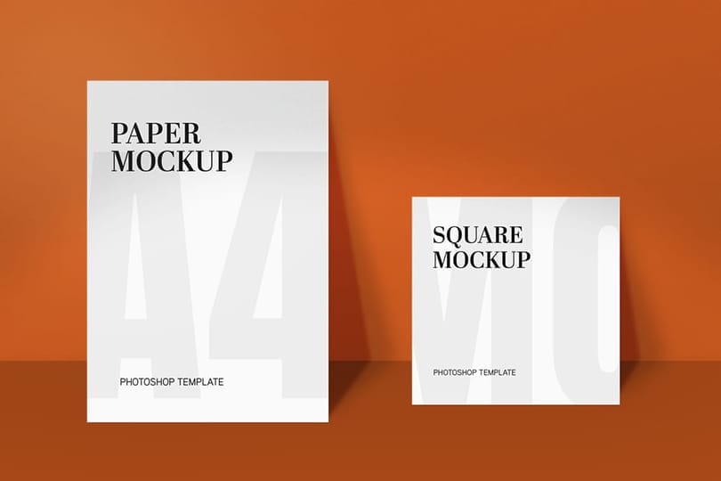 Photoshop A4 Paper And Square Mockup Lean On Dark Orange Background