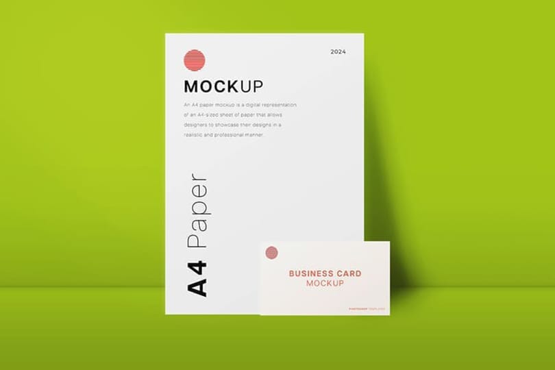 Photoshop A4 Paper Mockup & Business Card With Green Background