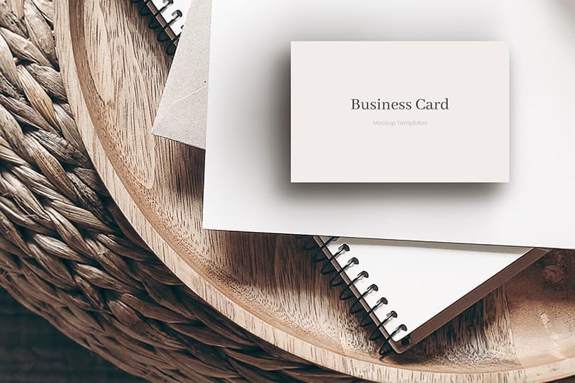 Photoshop Business Card Mockup on Rattan Podium With Book