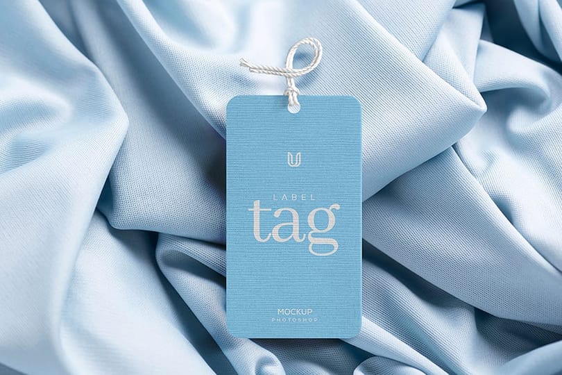 Photoshop Brand Blue Label Tag Mockup on Fabric