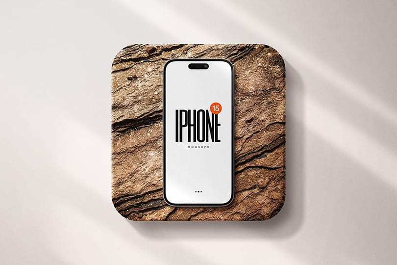 Photoshop Brand iPhone 15 Mockup on Stone Podium