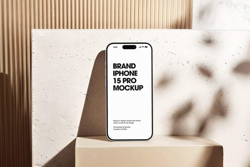 Photoshop Brand iPhone 15 Pro Mockup on Concrete