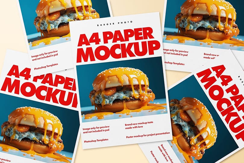 Photoshop Burger A4 Paper Mockup