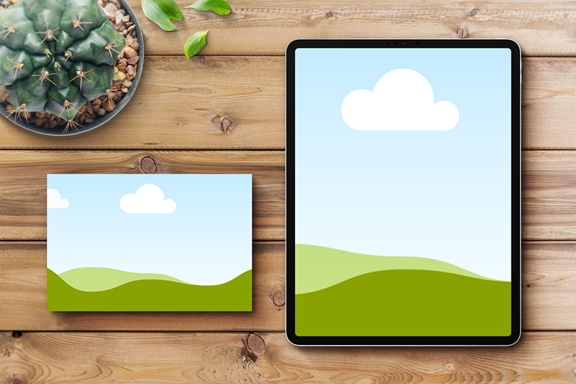 Canva iPad Pro and Postcard Mockup on Wood