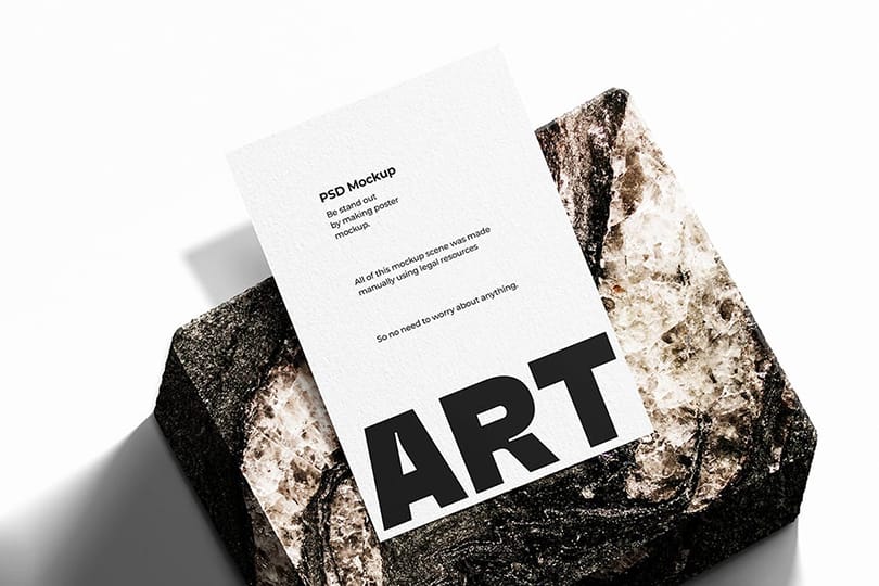 Photoshop Clean Art Poster Mockup on Marble Stone Podium