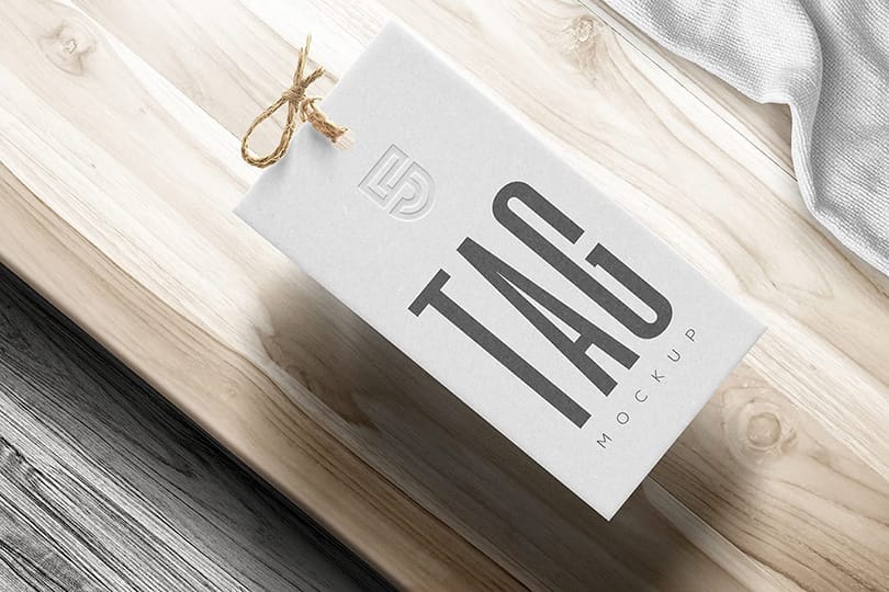 Photoshop Floating Branding Tag Mockup on Wood Background