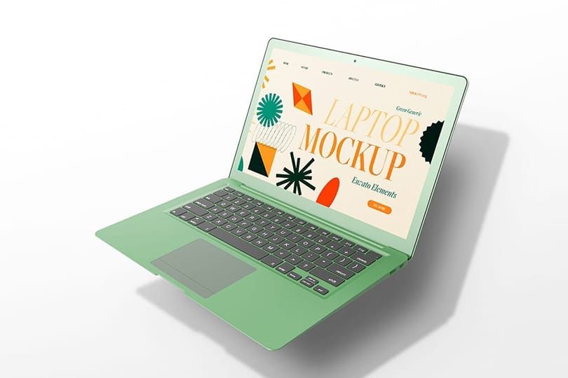 Photoshop Floating Green Laptop Generic Mockup