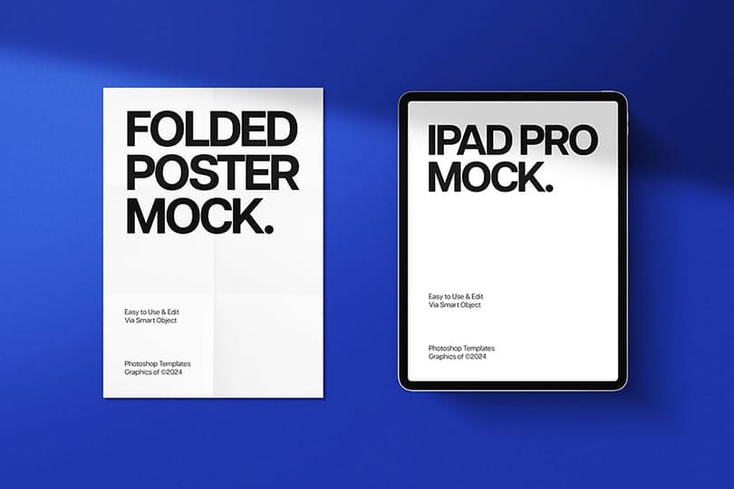 Photoshop Folded Poster and iPad Pro Mockup