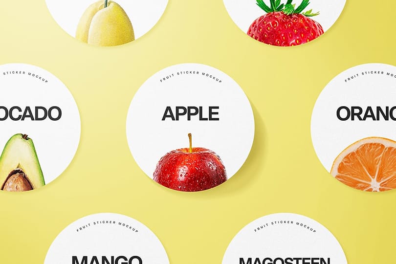 Photoshop Fruit Sticker Mockup on Bold Yellow Color