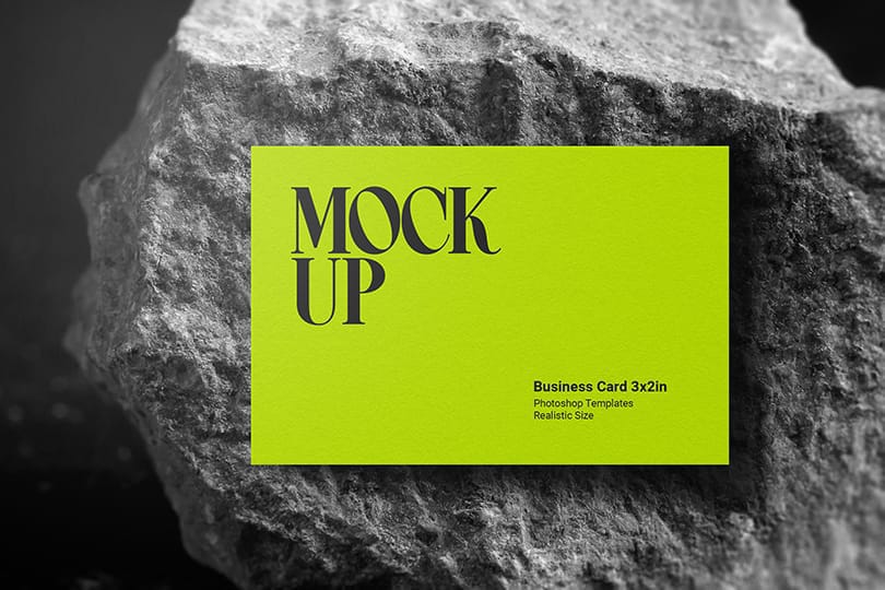 Photoshop Green Business Card Mockup Sticked On Rough Stone