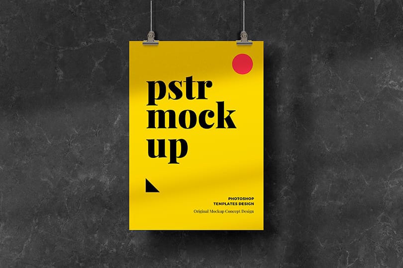 Photoshop Hanging Poster Mockup on Black Marble Surface