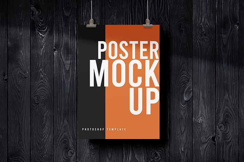 Photoshop Hanging Poster Mockup with Black Wood Background