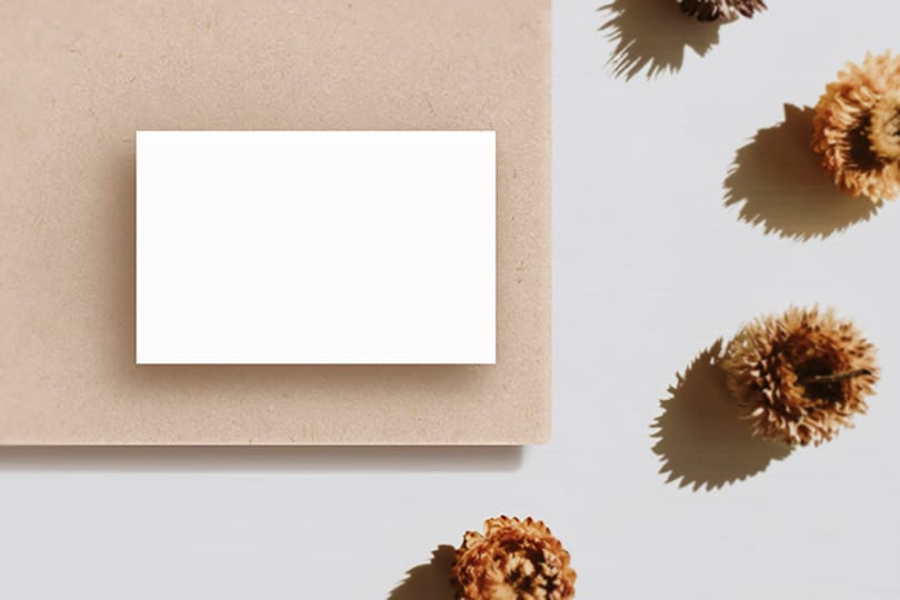 Image Business Card On Brown Texture Wood With Dry Flower Mockup