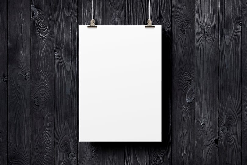 Image Hanging Poster Mockup on Black Wood Background