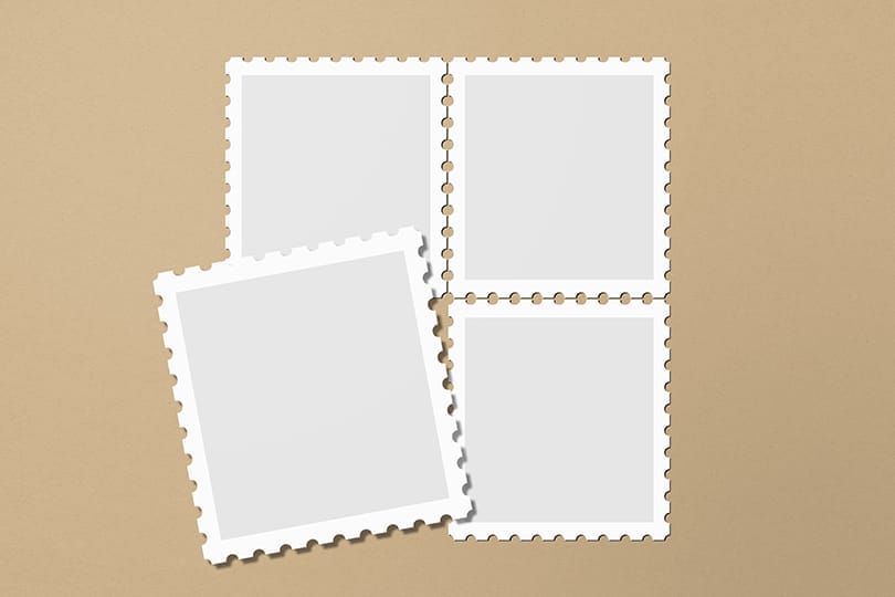 Image Postage Stamp Mockup Arrangement Layout on Beige Background