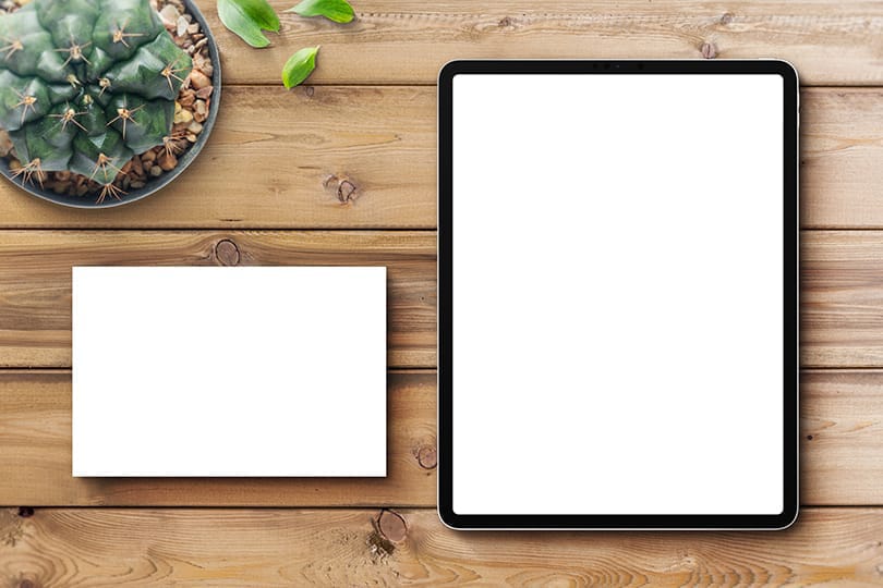 Image Postcard & iPad Pro Mockup on Wooden Surface background