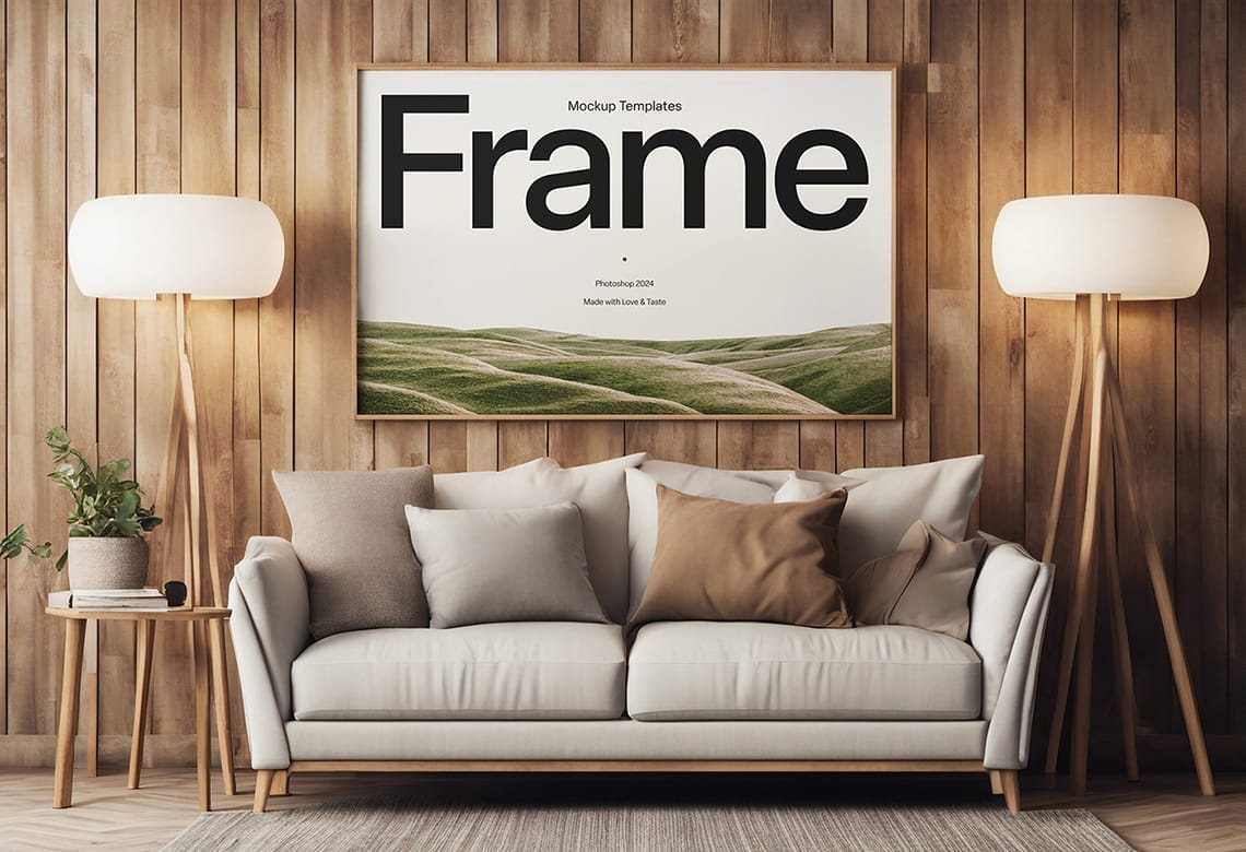 Photoshop Interior Landscape Frame Mockup on Wood Wall