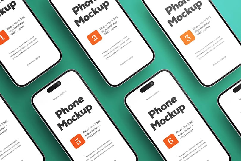 Photoshop Lined Up Mobile Phone Mockup