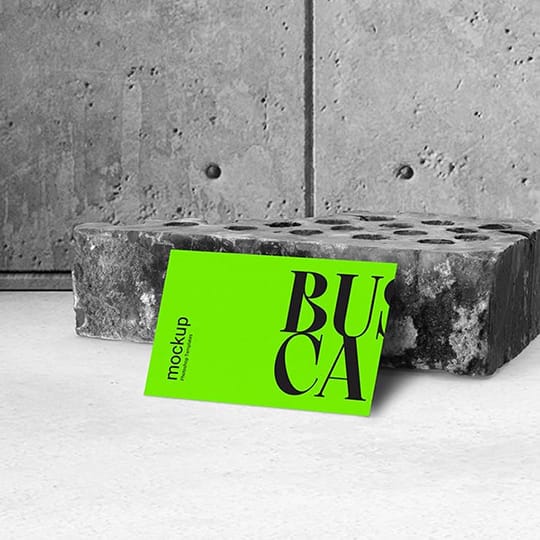 Photoshop Neon Business Card Mockup Leaning on Stone Brick