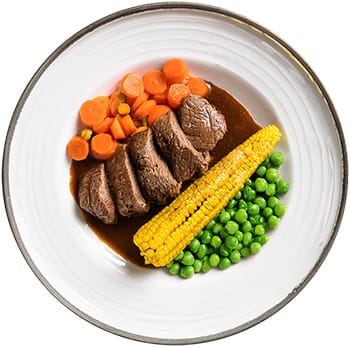 Sticker Overhead View Blackpepper Sauce Tenderloin Beef Steak With Corn Carrot