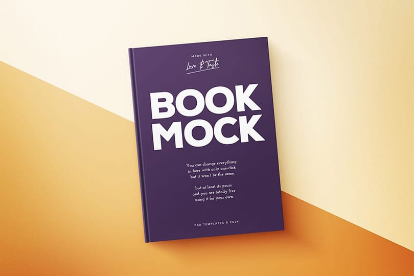 Photoshop Purple Book Cover Mockup with Soft Solid Orange Colors