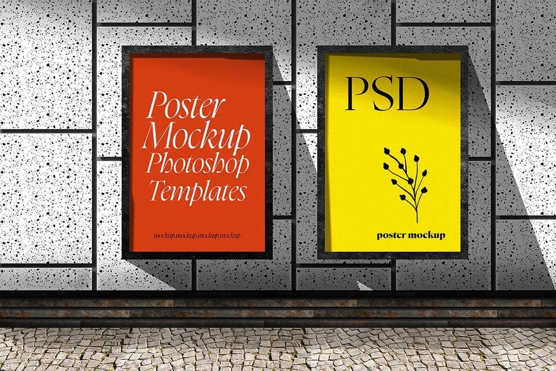 Photoshop Realistic Frame Poster Mockup on Tile Wall Background