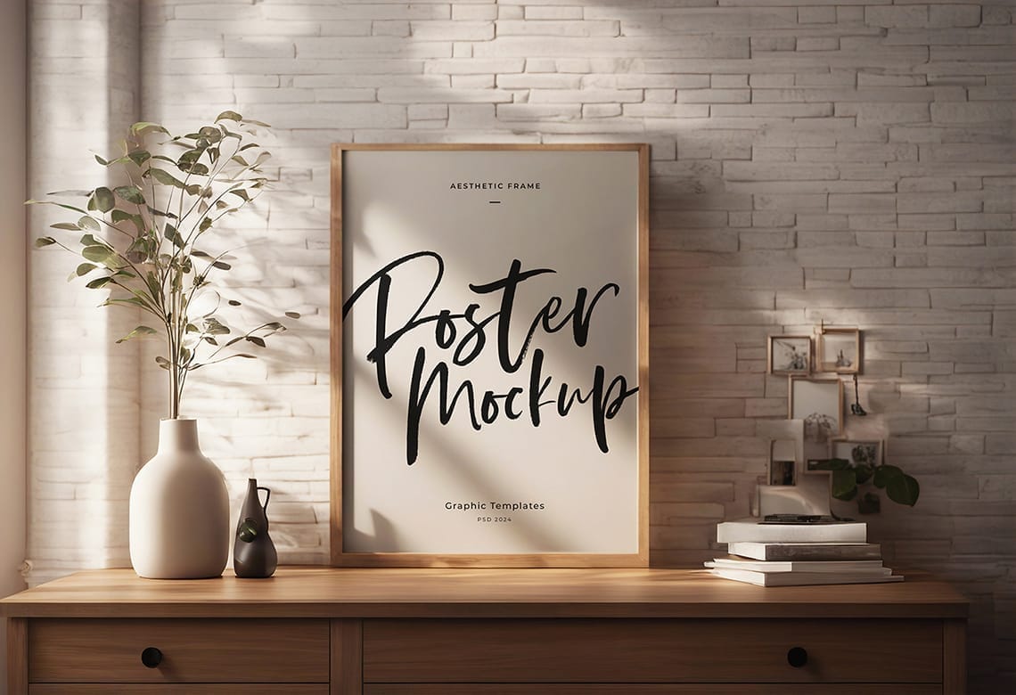 Photoshop Realistic Frame Poster Mockup on Wood Drawer