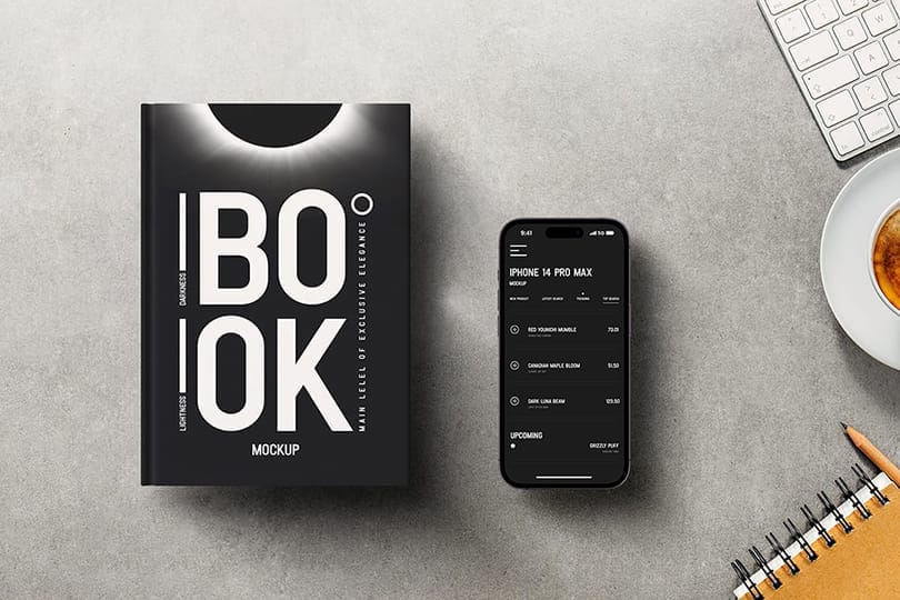 Photoshop Realistic iPhone 14 Pro Max & Book Mockup on Desk