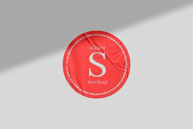 Photoshop Red Glued Sticker Mockup On Plain White Background