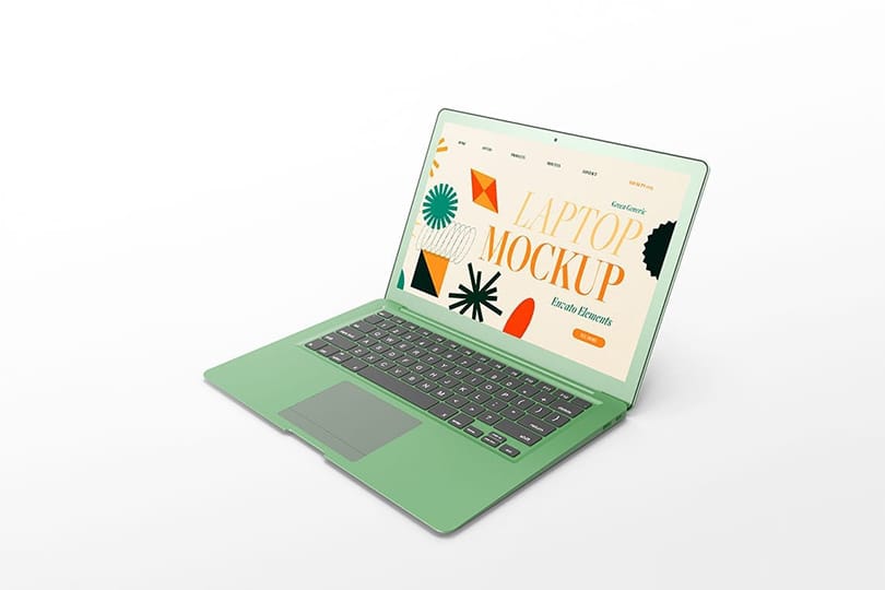 Photoshop Right View of Green Laptop Generic Mockup