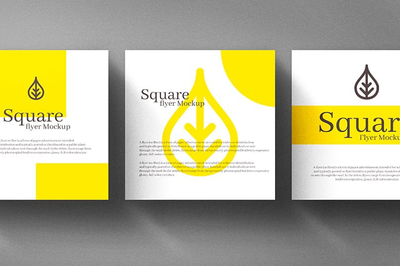 Photoshop Three Floating Yellowhite Square Flyer Mockup with Shadow Overlay