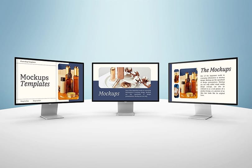 Photoshop Triple Studio Display Mockup with Clean Light Background