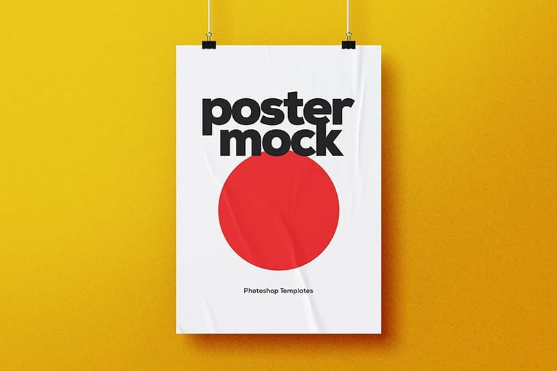 Photoshop Yellow Hanging Glued Poster Mockup