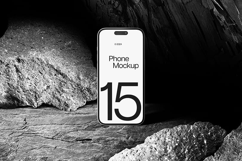 Photoshop iPhone 15 Pro Mockup Realistic Dark Stone Scene