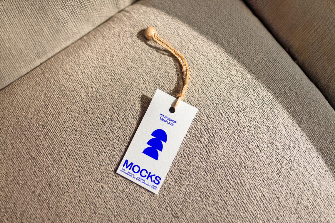 Photoshop Branding Label Tag Mockup Placed On Brown Sofa