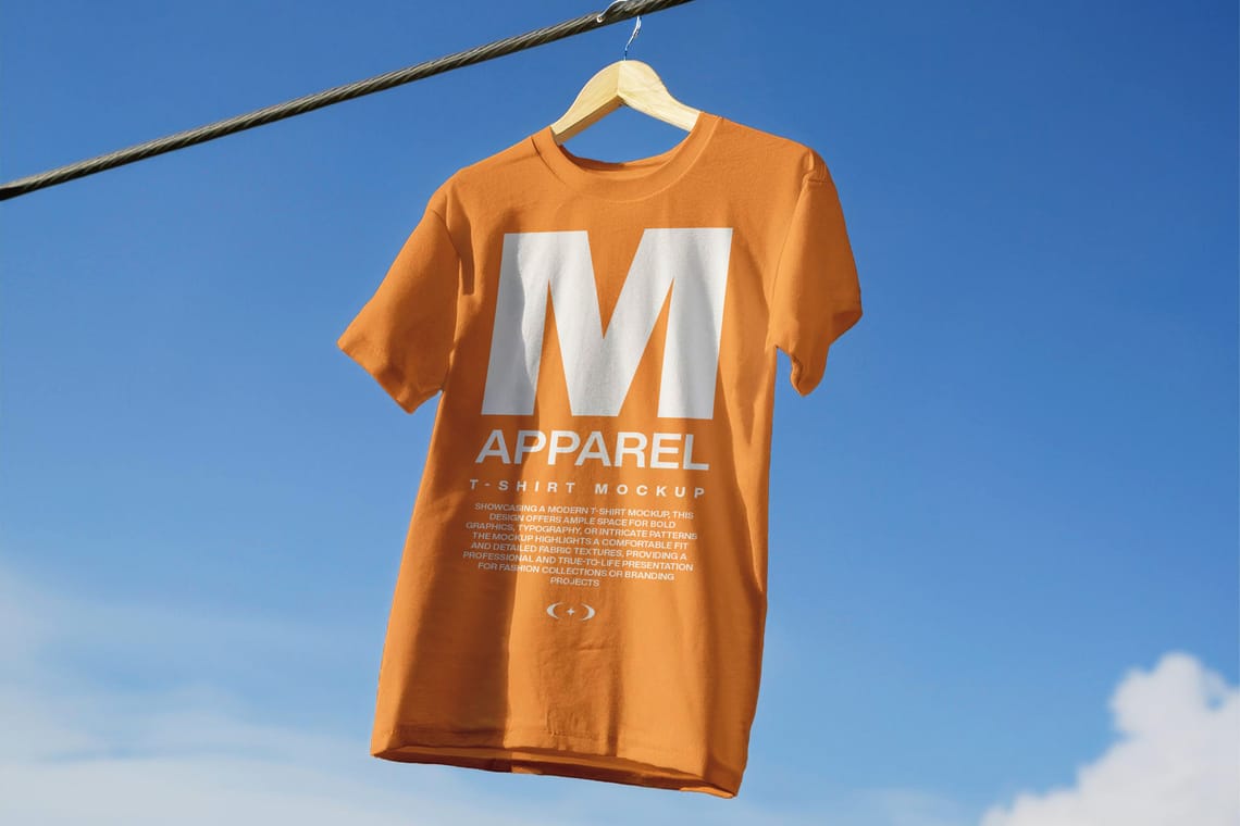 Photoshop Hanging T-Shirt Mockup With Blue Sky Background