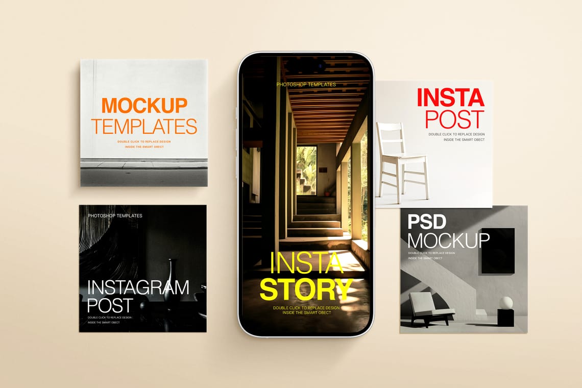 Instagaram Post & Story Mockup in Warm Beige Background