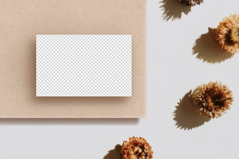 PNG Business Card On Brown Texture Wood With Dry Flower Mockup