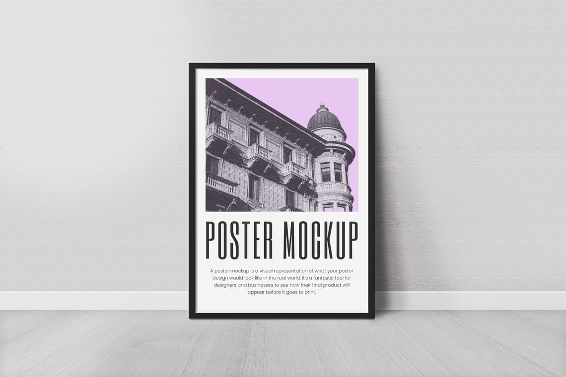 Black Framed Poster Mockup Lay On Plain Wall