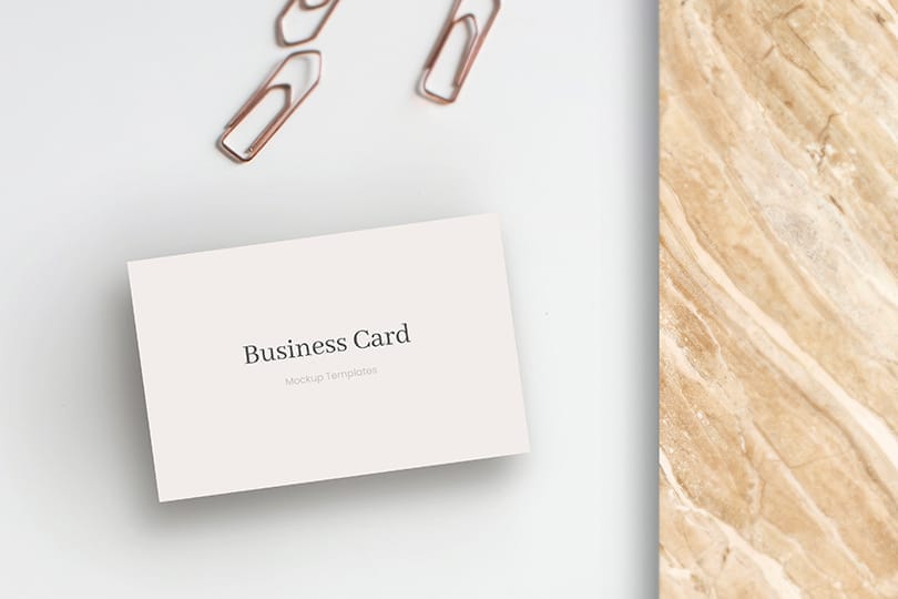 Business Card Mockup on White  Background With Marble & Paper Clip