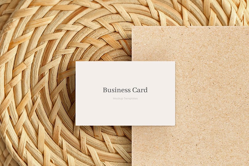 Business Card Mockup with Rattan and Beige Textured Paper