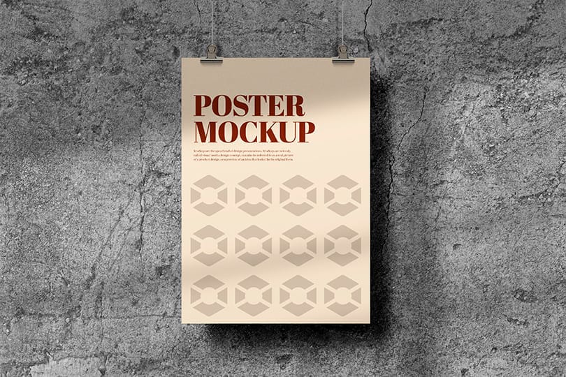 Photoshop Cream Poster Mockup Hanging with Rough Textured Wall