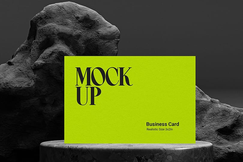 Green Business Card Mockup on Marble Podium and Stone Background